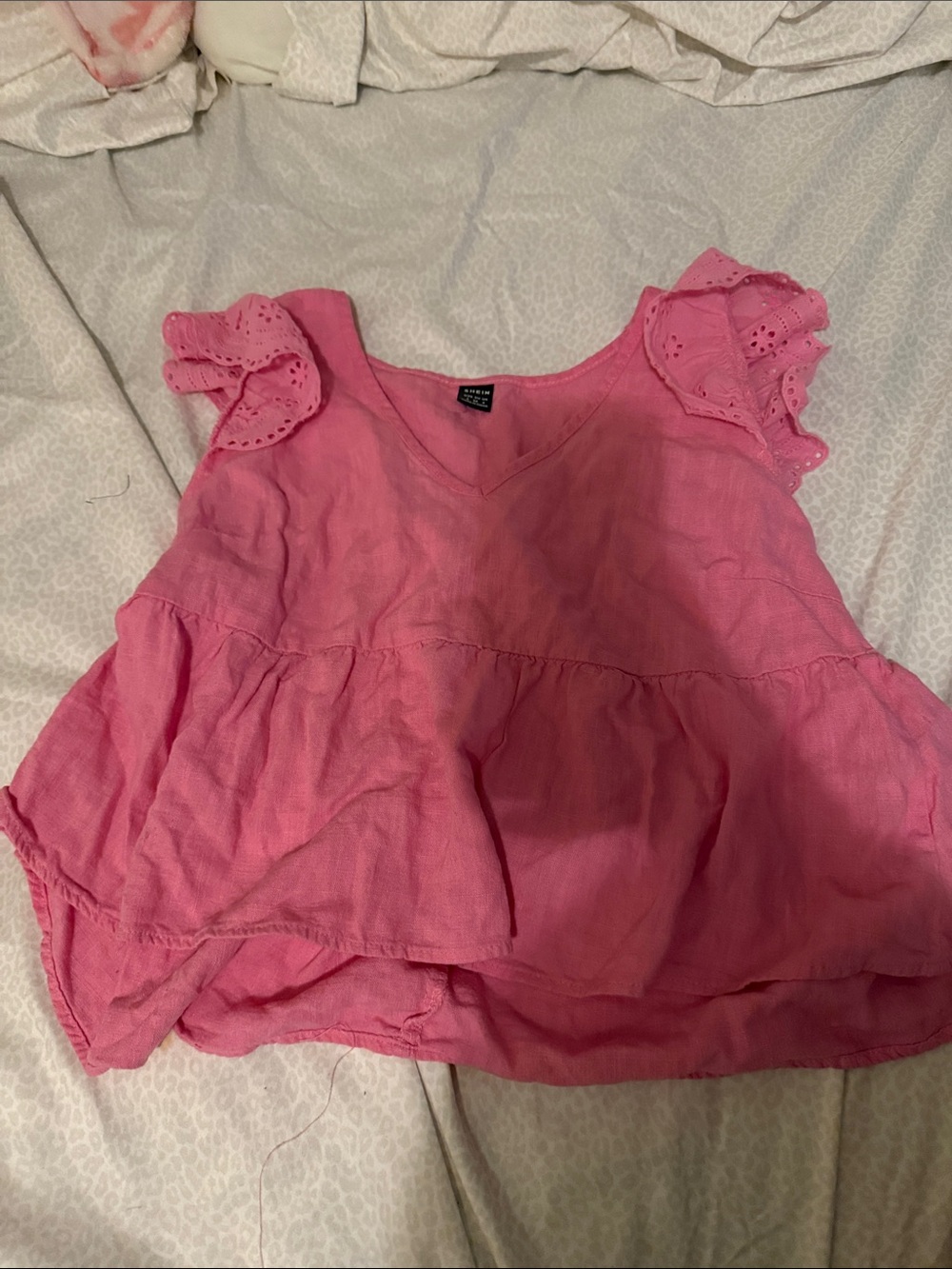 SHEIN Pink Eyelet Flutter Sleeve Tiered Blouse